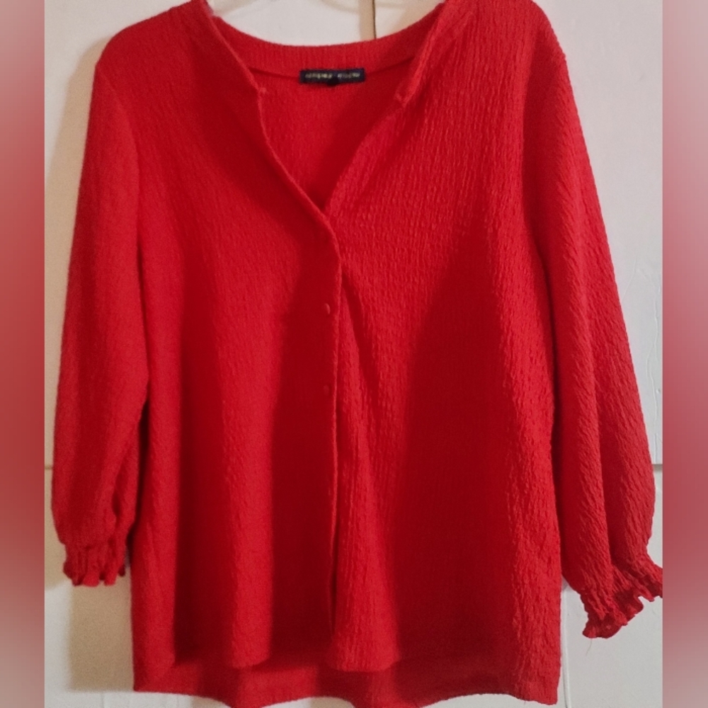 Adrienne Vittadini Red Button-Up Blouse XL Chic Party Ruffled
